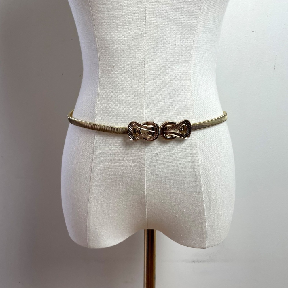 Gold Tone Skinny Metal Stretch Belt Interlocking Buckle Vintage 70s 80s Retro